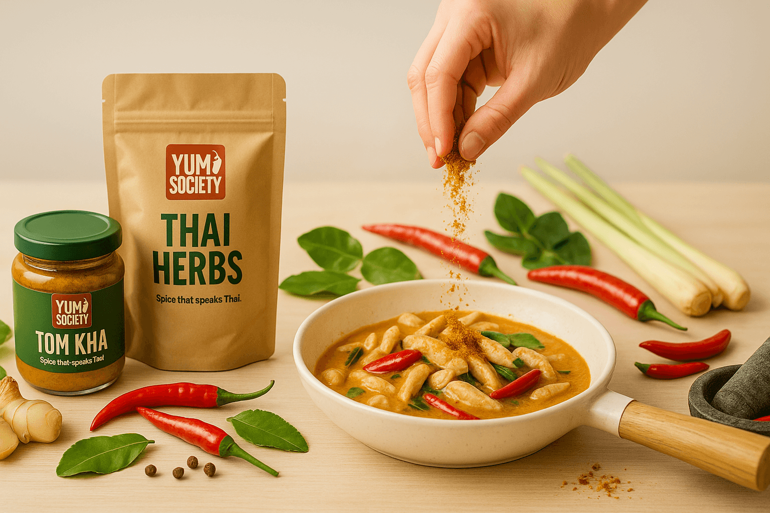 Authentische Thai-Zutaten wie Chilis, Zitronengras, Galgant und Kaffir-Limettenblätter